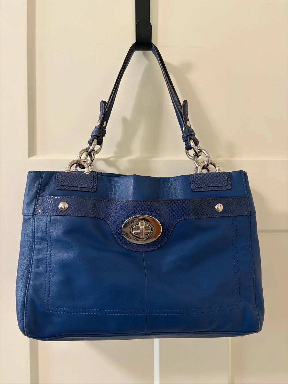 Coach Penelope Cobalt Blue Leather Tote Bag Snakeskin Trim EUC